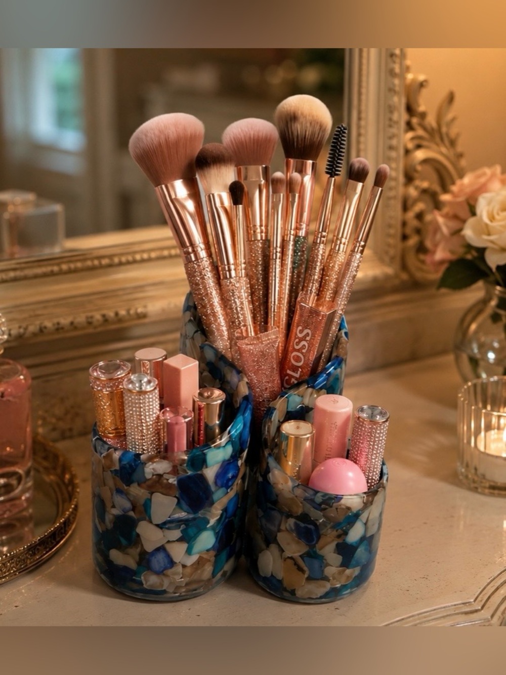 Mosaic Makeup brush organizer- handmade epoxy resin